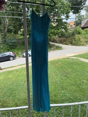 Panoply Teal Beaded Spaghetti Strap Evening Gown
